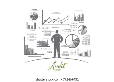 Audit concept. Hand drawn person near wall with charts and diagrams. Auditing business process isolated vector illustration.