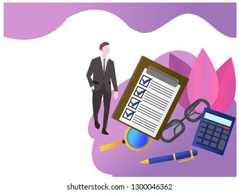 Audit concept illustration. Documents and calculator and magnifying glass on the table.