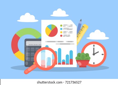 Audit concept illustration. Documents and calculator with money and magnifying glass on the table.