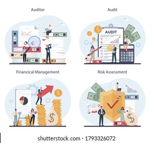 Audit concept set. Business operation research and analysis. Professional financial management. Financial inspection and analytics. Isolated flat vector illustration