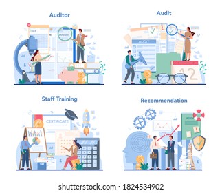 Audit concept set. Business operation research and analysis. Professional financial management. Financial inspection and analytics. Isolated flat vector illustration