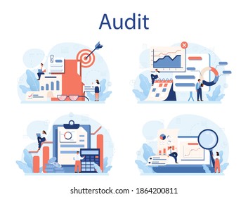 Prüfkonzept-Set. Unternehmensforschung und -analyse. Finanzinspektion und -analyse. Einzelne flache Vektorgrafik