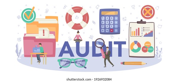 Audit concept typographic header. Business operation research and analysis. Professional financial management. Financial inspection and analytics. Isolated flat vector illustration