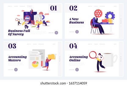 Audit Consulting for Company Website Landing Page Set. Auditors Check Sum Documents, Bank Accounts for Financial Project Management Accounting Balance Web Page Banner. Cartoon Flat Vector Illustration