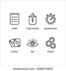 Auditoria, gravação de cópia, velocímetro, cassino, olho, motor, ícone, ícone Linha