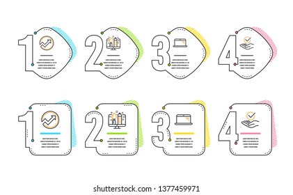 Audit, Creative design and Laptop icons simple set. Approved sign. Arrow graph, Designer, Computer. Verified symbol. Technology set. Infographic timeline. Line audit icon. 4 options or steps. Vector