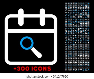 Audit Date vector icon with additional 300 date and time management pictograms. Style is bicolor flat symbols, blue and white colors, rounded angles, black background.