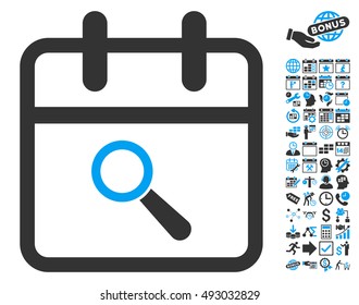 Audit Day pictograph with bonus calendar and time management pictogram. Vector illustration style is flat iconic bicolor symbols, blue and gray colors, white background.