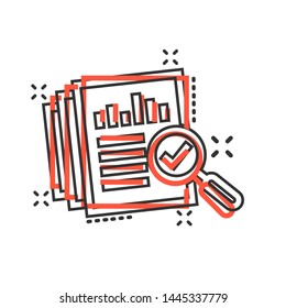 Audit document icon in comic style. Result report vector cartoon illustration on white isolated background. Verification control business concept splash effect.