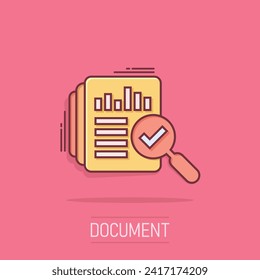 Audit document icon in comic style. Result report vector cartoon illustration on isolated background. Verification control business concept splash effect.