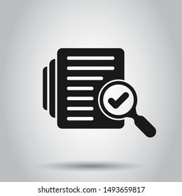 Icono de documento de auditoría en estilo plano. Ilustración vectorial del informe de resultados en el fondo aislado. Concepto de negocio de control de verificación.