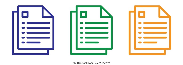 Conjunto de iconos de línea de documento de auditoría. Símbolo de informe. Letrero de inspección. Ilustración vectorial. Icono de documento azul, verde y naranja.
