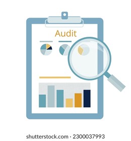Audit document with magnifier in a flat design. Inspection document in clipboard