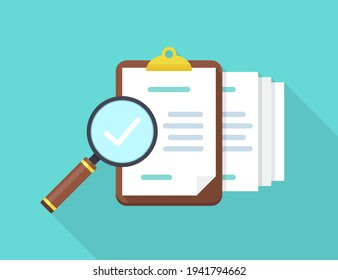 Audit documents with magnifying glass and check in a flat design with long shadow