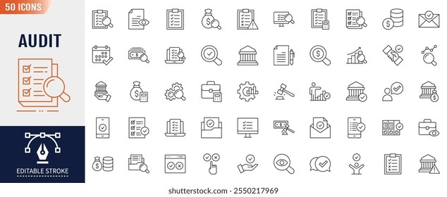 Auditoria: conjunto de ícones editáveis de linha de traçado. Contém o ícone Contabilidade, Verificação e auditoria. Ilustração de vetor