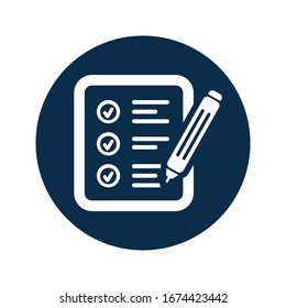 Audit, exam, survey report icon, contract sign, deep blue color