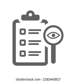 Icono de auditoría, ojo, búsqueda, informe. Gráficos vectoriales grises.