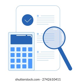 Audit and Financial Analysis Illustration. A calculator and a document with a checkmark and bullet points examined with a magnifying glass. Financial verification and audit approval