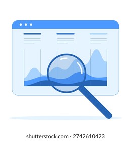 Audit and Financial Analysis Illustration. A magnifying glass examining a computer screen with a line graph. Financial trend analysis and performance monitoring