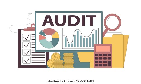 Auditoría. Informe financiero. Computadora, calculadora, tablet, magnificador. Ilustración vectorial aislada en fondo blanco.