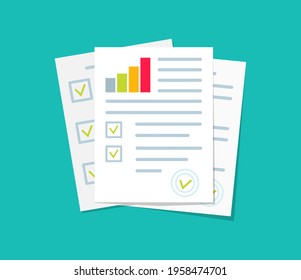 Auditoría, informe financiero e investigación. Documento de análisis con gráfico de resultados. Icono para datos, auditor y verificación. Documento de auditoría para contable. Hoja de impuestos, riesgo y control. Vector.