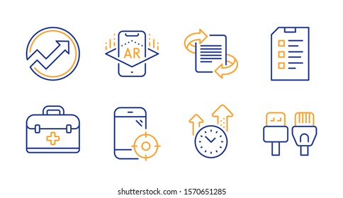 Audit, First aid and Checklist line icons set. Augmented reality, Time management and Marketing signs. Seo phone, Computer cables symbols. Arrow graph, Medicine case. Science set. Vector