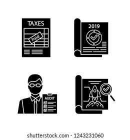 Audit glyph icons set. Taxes return, annual report, auditor, project audit. Silhouette symbols. Vector isolated illustration