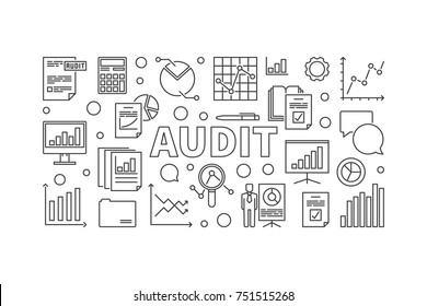 Auditar banner o ilustración de vector horizontal realizado con iconos de línea de gráfico y análisis de datos