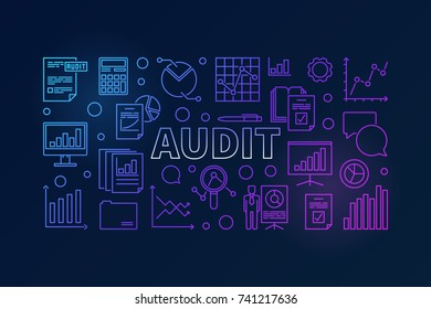 Audit horizontal vector colorful banner or illustration made with data analysis and graph line icons on dark background