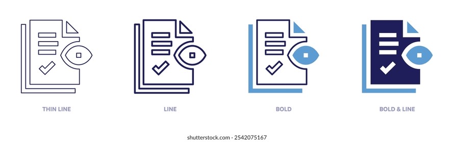 Icono de auditoría en 4 estilos diferentes. Línea delgada, línea, negrita y línea negrita. Estilo duotono. Trazo editable.