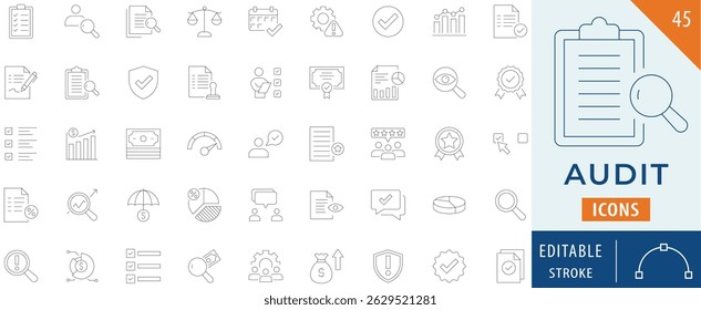 Prüfsymbolsammlung. Bewertung, Rechner, Prüfzeichen, Prüfung, Prüfung, Investition, Berechnung, Analyse, Sammlung. Vektorgrafik. 
