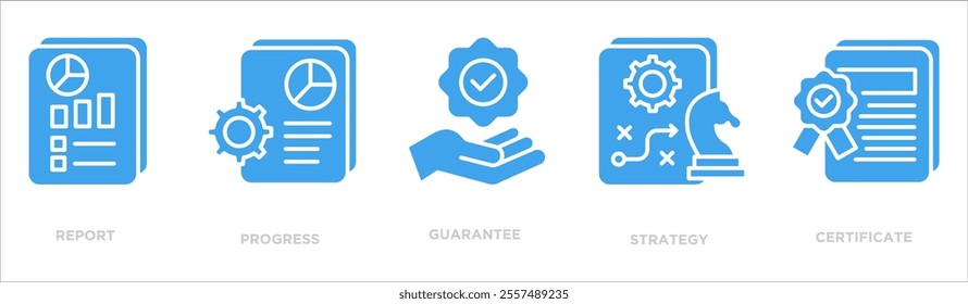 audit icon collection set. Containing design report,progress,guarantee,strategy,certificate