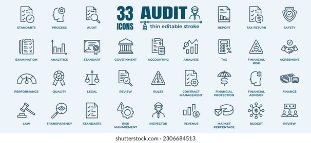 Conjunto de iconos de auditoría. Colección de iconos de línea de contabilidad. Comprobar y auditar la colección de iconos de línea. Ilustración del vector.Estroques editables 