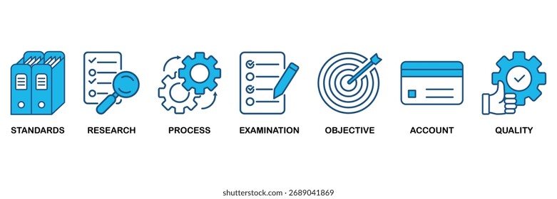 Audit icon set In Blue Monochrome Flat Design vector illustration concept for standards, research, process, examination, objective, account, and quality
