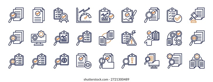 Conjunto de iconos de auditoría colección en estilo Duotone. conjunto de iconos que consta de informe de auditoría, revisión de documentos, calidad, rendimiento, análisis, lista de comprobación de conformidad, auditoría de documentos, ícono de verificación