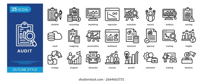 Prüfsymbolsatz-Sammlung im Gliederungsstil. ein Icon-Paket enthält Checkliste, Buchhaltung, Überwachung, Regression, Bewertung, Erfolg, Analyse, Warnung, Cloud, Budgetierung
