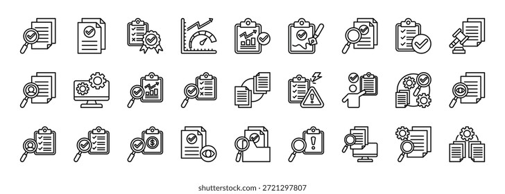 audit icon set collection in outline style. icon set consist of audit report, document review, quality, performance, analytics, compliance checklist, document audit, verification icon
