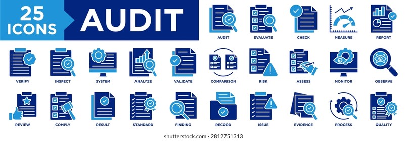 Audit Icon Set Collection. Icon Pack Contain Check, Verify, Review, Inspect, Assess, Report, Evaluate, Comply, Observe, Monitor