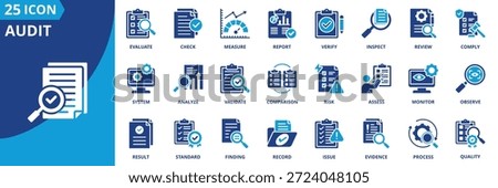 audit icon set collection in solid glyph dual color style. pack contain check, verify, review, inspect, assess, report, evaluate, comply, observe, monitor icon