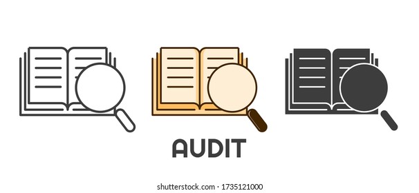 Audit icon set in different style. Book and magnifying glass illustration. Isolated on white background. 