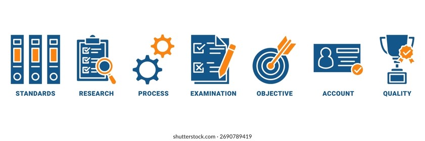 Ícone de auditoria definir conceito vetorial com ícone de padrões, pesquisa, processo, exame, objetivo, conta, qualidade