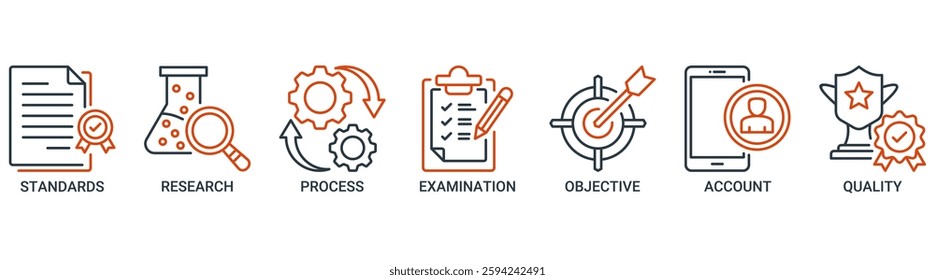 Audit icon set vector illustration concept with icon of standards, research, process, examination, objective, account, and quality icons. Outline vector symbol background.