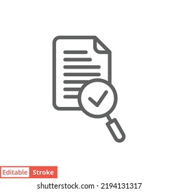 Audit icon. Simple outline style. Review, overview, verification, business concept. Document with checkmark magnifying glass. Vector illustration isolated on white background. Editable stroke EPS 10.