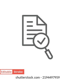 Audit icon. Simple outline style. Review, overview, verification, business concept. Document with checkmark magnifying glass. Vector illustration isolated on white background. Editable stroke EPS 10.