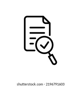 Audit icon. Simple outline style. Review, overview, verification, business concept. File document with checkmark magnifying glass. Thin line vector illustration isolated on white background. EPS 10.