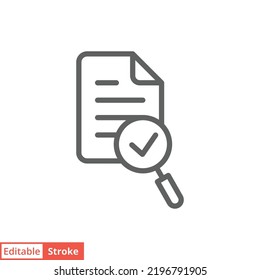 Audit icon. Simple outline style. Review, overview, verification, business concept. Document with checkmark magnifying glass. Vector illustration isolated on white background. Editable stroke EPS 10.