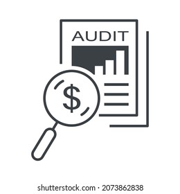 Audit icon with US dollar sign. Audit, accounting, financial analysis concept. Flat style illustration. Isolated on white background. 