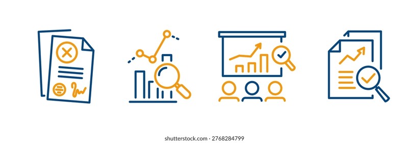 audit icons, set icon of  overview risk, review, illegal contract, audit committee, competitive analysis, thin line web symbols on white background - editable stroke vector illustration