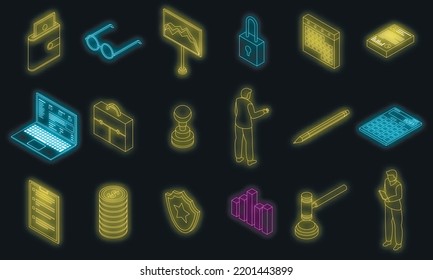 Audit icons set. Isometric set of audit vector icons neon color on black