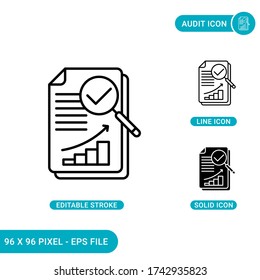 Los iconos de auditoría establecen la ilustración vectorial con el estilo de línea de icono sólido. Concepto de control del panorama financiero. Icono de trazo editable sobre fondo aislado para diseño web, infografía y aplicación móvil de interfaz de usuario.